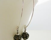Sterling Silver Earrings, Smokey Grey Czech Rhinestone Dangle Disco Ball