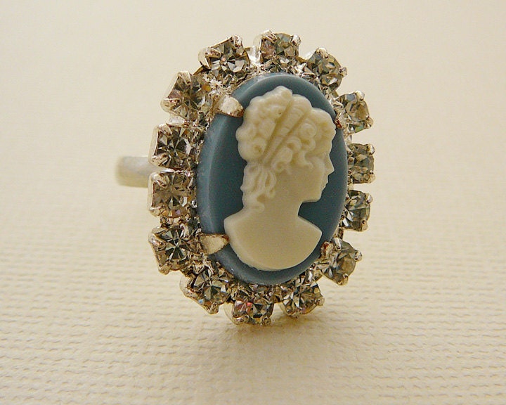 Cameo Ring, Czech Vintage Rhinestones Bling Ring, Blue, Clear