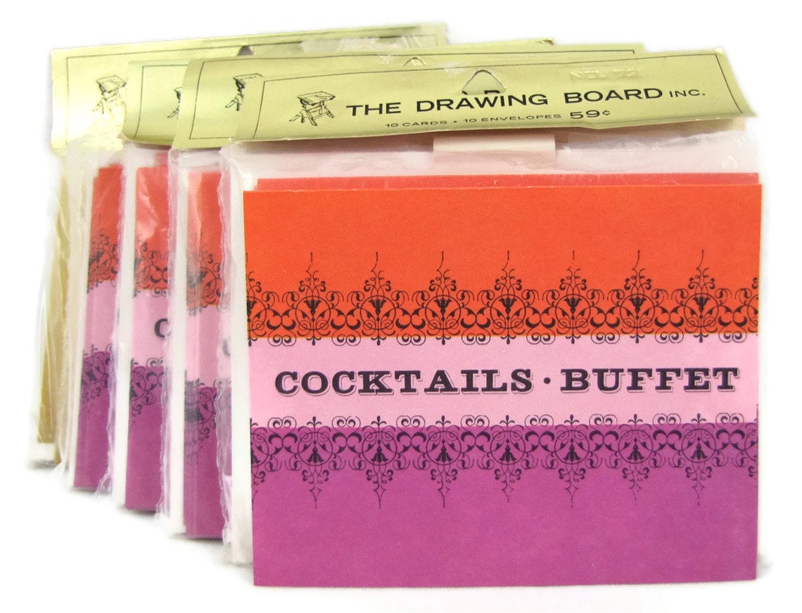 Party Down - Vintage 1960s 'Cocktails & Buffet' Party Invitations, Psychedelic Orange / Fuchsia Purple, 1 Package, 10 Cards, Envelopes
