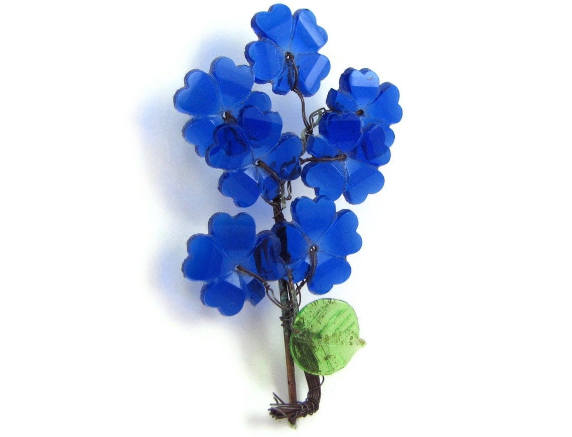 Blue Blooms - Vintage Glass Flower Brooch or Millinery Pin, Cobalt Blue Bouquet of Delphiniums, Very Old and Unusual