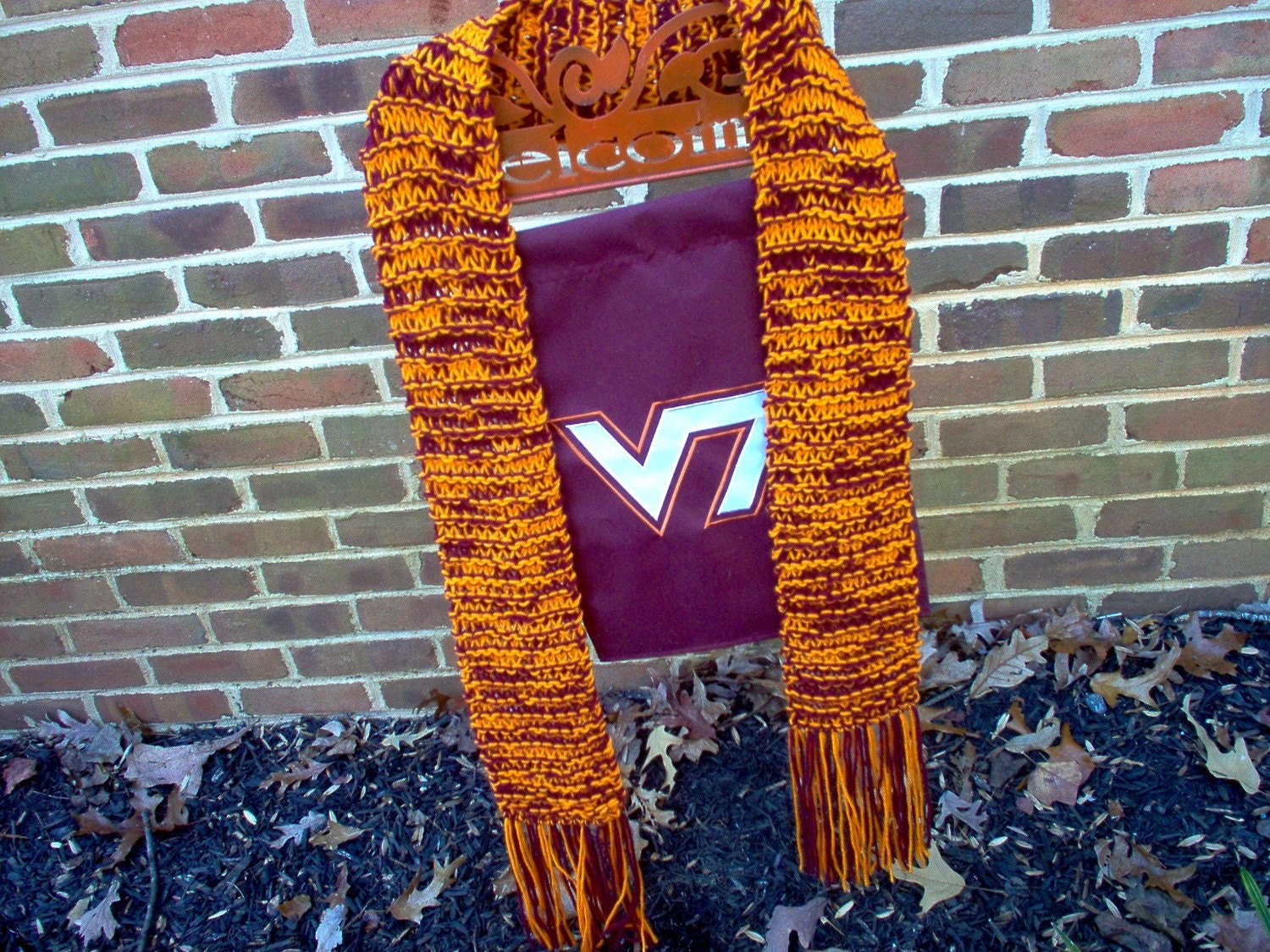 Hand Knit Scarf Virginia Tech Hokies Inspired  - Maroon and Orange