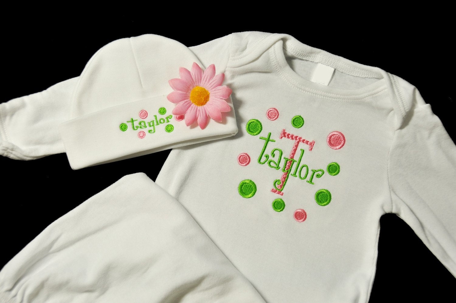 Baby Girl Personalized Polka Dot Gown and Beanie Hat Set with Flower