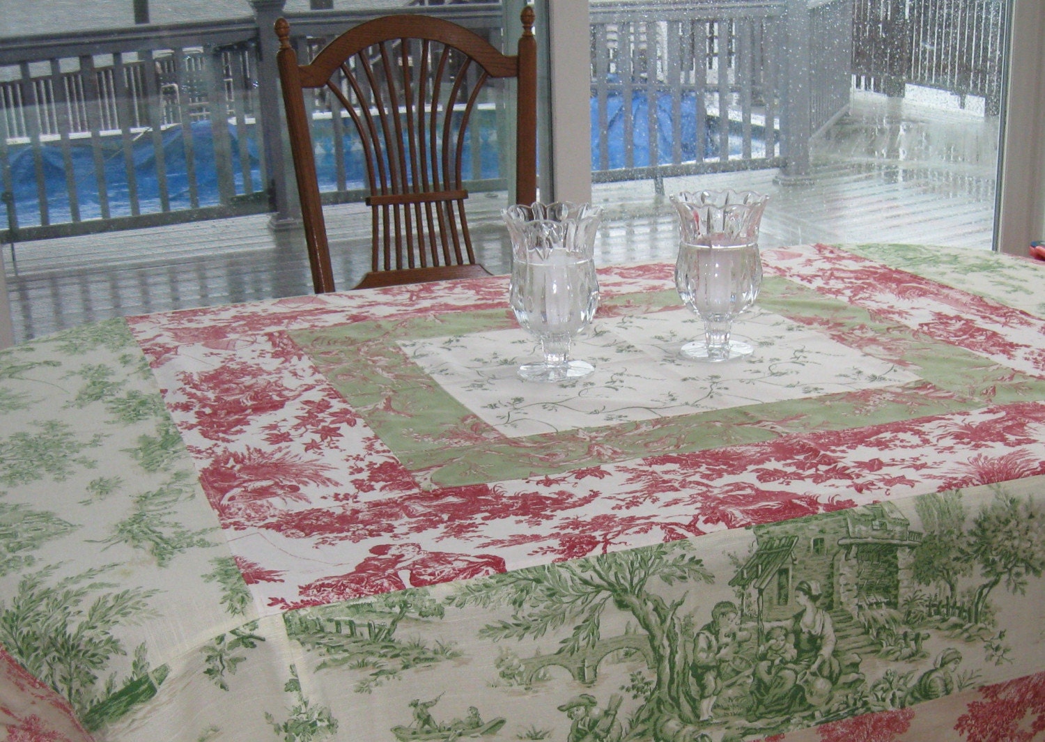 Red and Green Patchwork Toile Tablecloth and Quilt