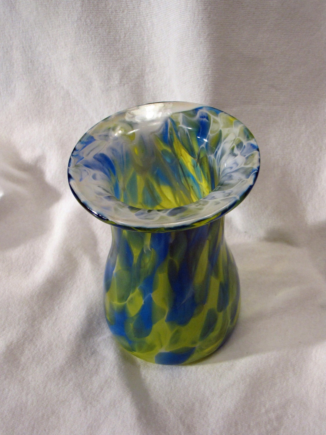 Hand Blown Glass Blue Yellow and White Vase