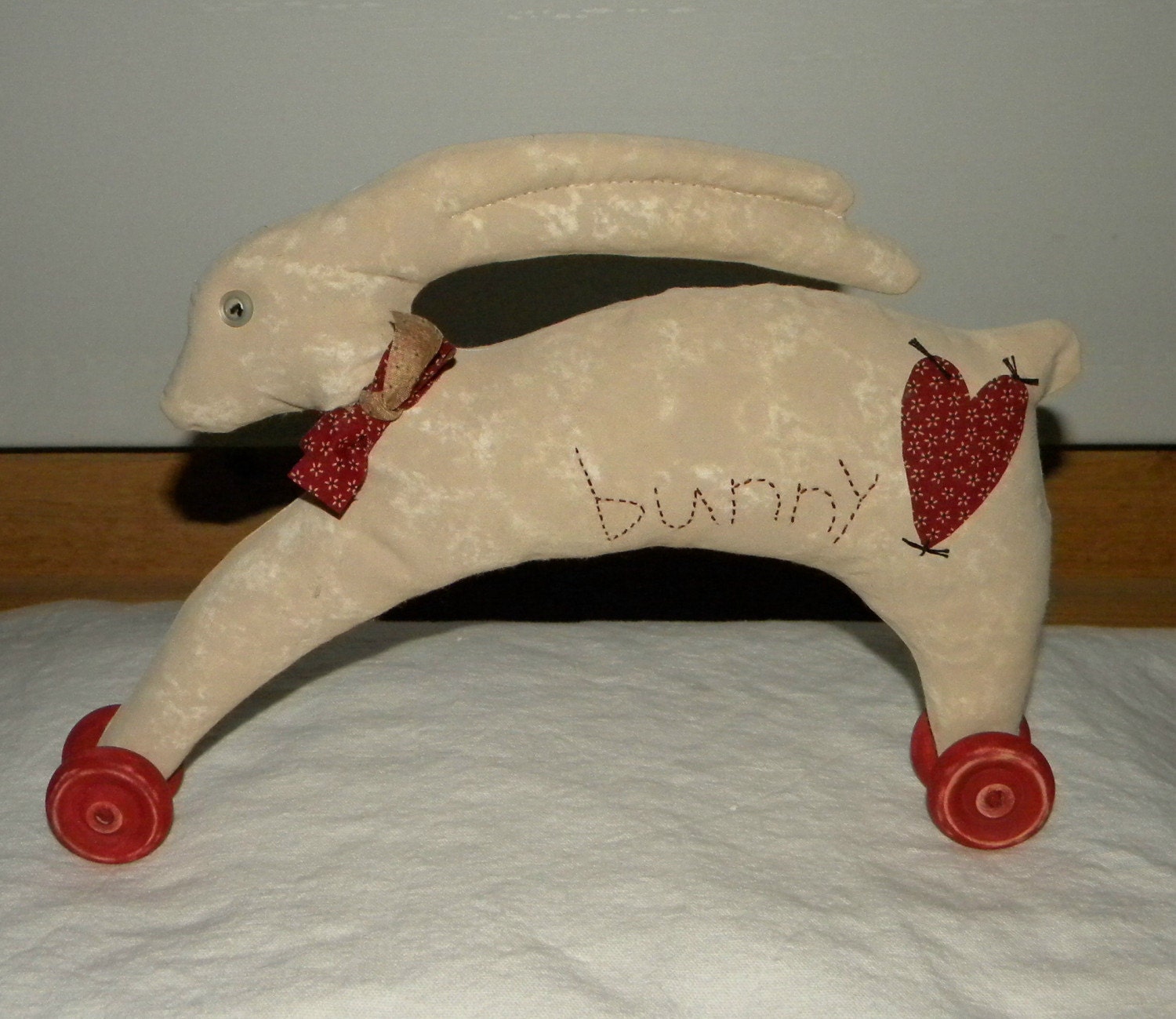 Primitive Fabric Sculpture, Wheely Bunny 11x9 inches, Ready to Ship