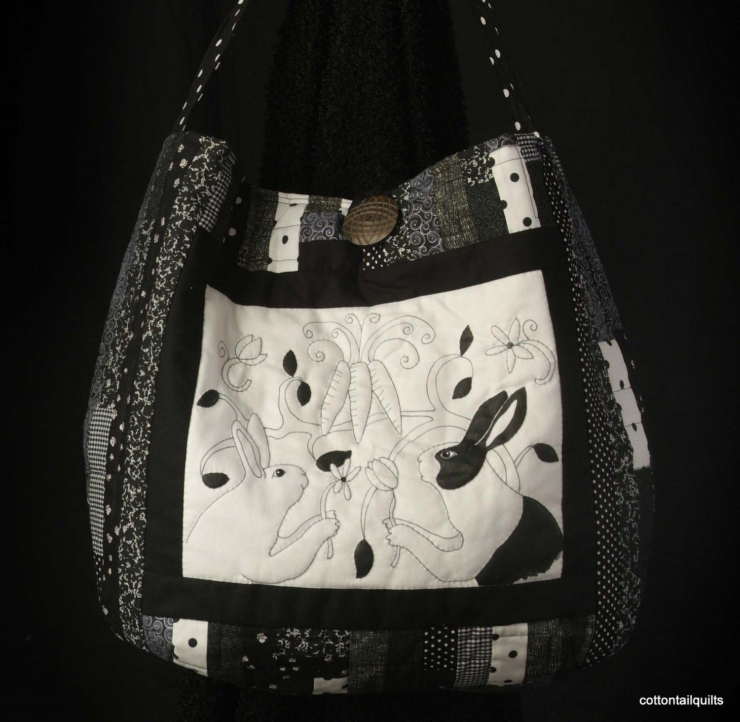 Elegant Black and White Rabbit Tarot Shoulder Bag, Hand Quilted, Hand Painted, 19x17 inches