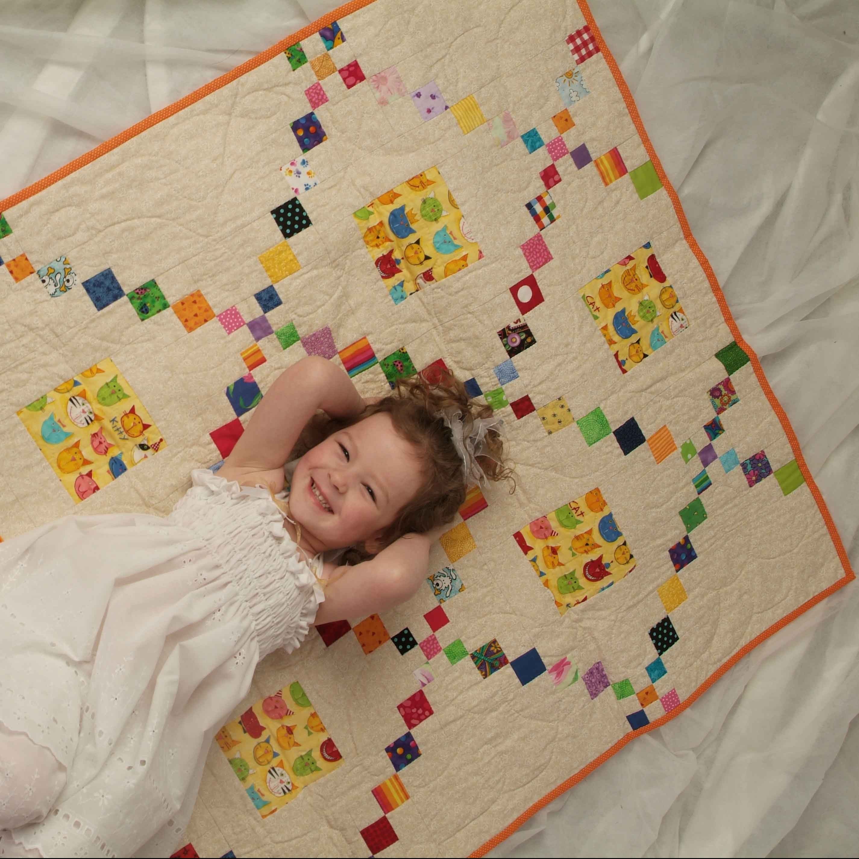 Crib or Lap Quilt, Hand Quilted, 39x45 inches, Cat and Mouse