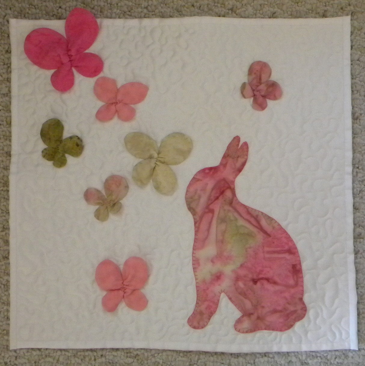 Mini Quilt, Bunny and Butterflies, White and shades of Pink, 20x20