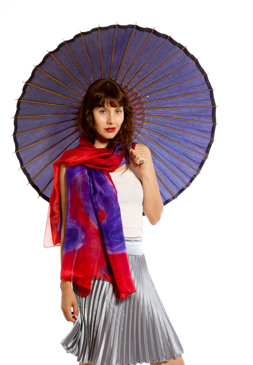 Hand painted silk scarf. Fire red and cobalt blue scarf shawl. Floral silk scarf painting on silk by Dimo Balev.Mothers day gifts.Silk Dye.