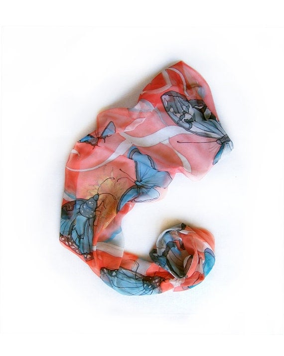 Hand painted silk chiffon scarf Coral garden with aqua butterfly OOAK Mothers day gift