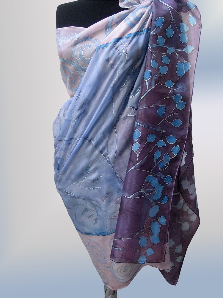 Hand painted silk scarf shawl-Decorative blue violet scarf-Sapphire Spirals and Buds.Made to order. Mothers Day