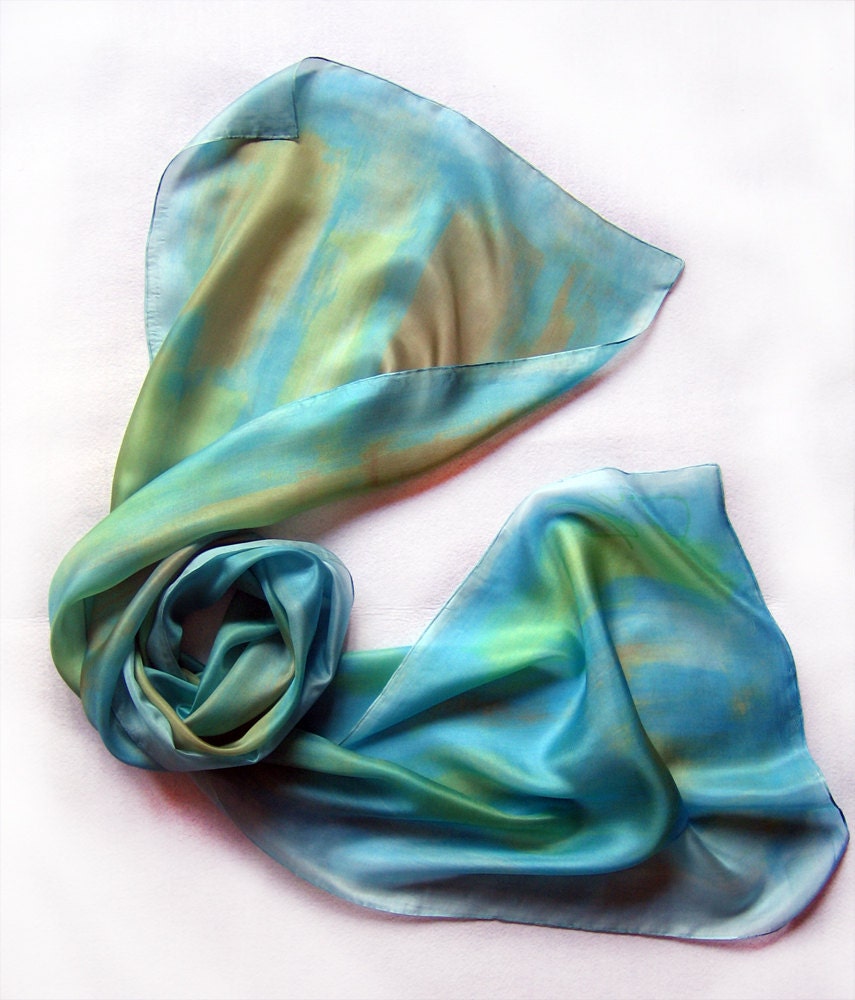 Hand painted silk scarf by Dimo - Light blue and mint rhapsody hand painted silk scarf by Dimo