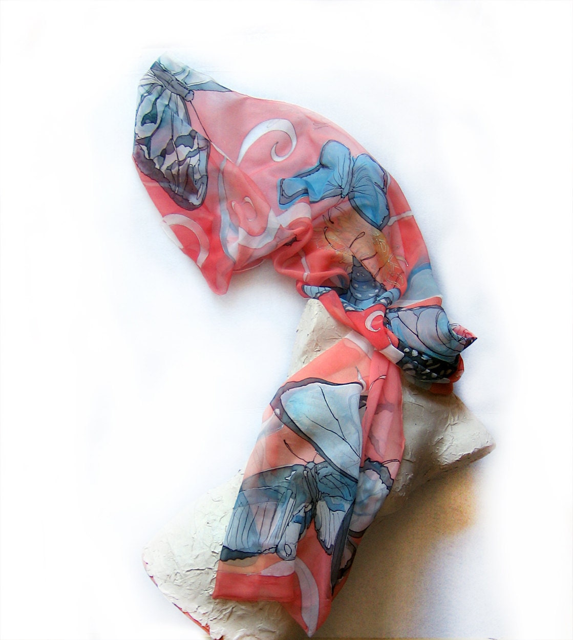 Hand painted silk chiffon scarf Coral garden with aqua butterfly OOAK Mothers day gift