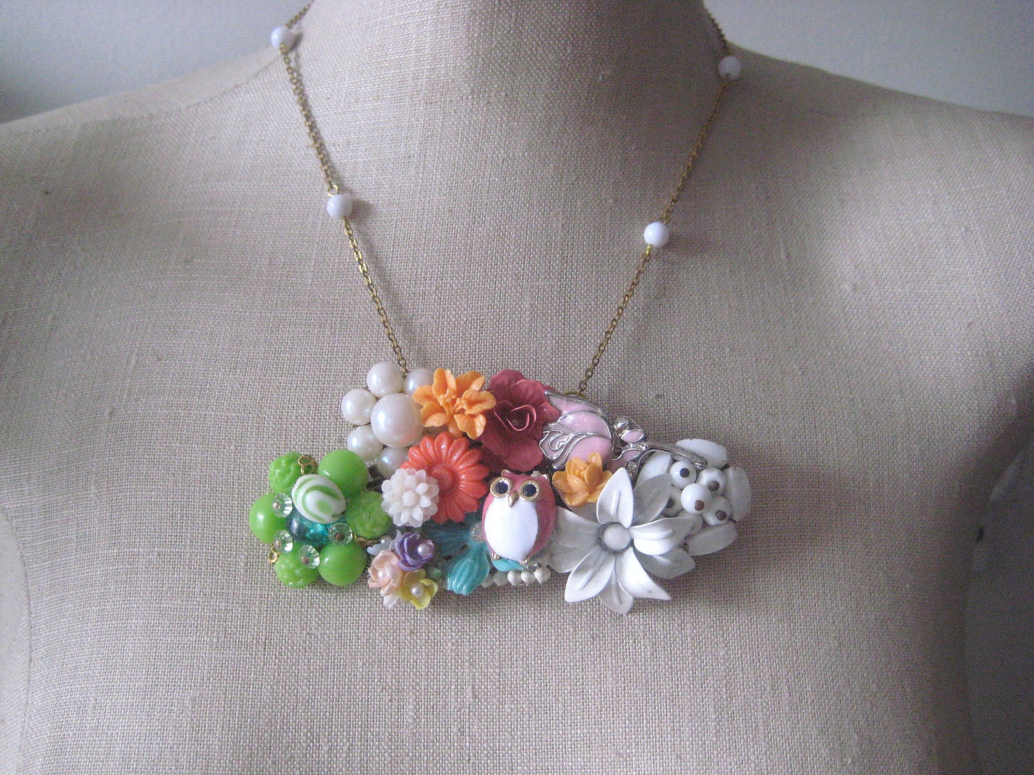 Bright Colors  Vintage brooch Collage necklace Lime Green Orange Pink Pastels Owl Shabby Chic OOAK Repurposed Jewelry " Birds and Bees"