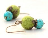 Drop Earrings Green Apple Turquoise -Dangle Gemstone Wire Magnesite Felt Fiber Brass Metal Leaves
