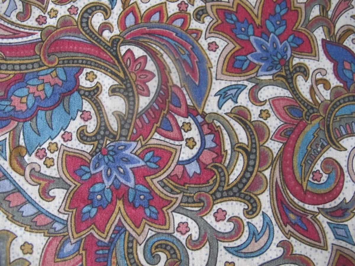 RESERVED for BARB Vintage 80s Jacobean Print, Burgundy and Blue Cotton, Medium Weight Drapery Upholstery Fabric Remnant 1988