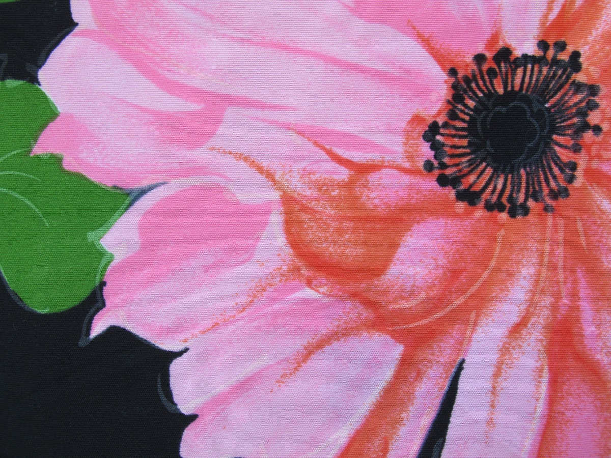 Vintage 1978 Border Print, Tori Richard Jersey Knit, Pink Poppy on Black Background