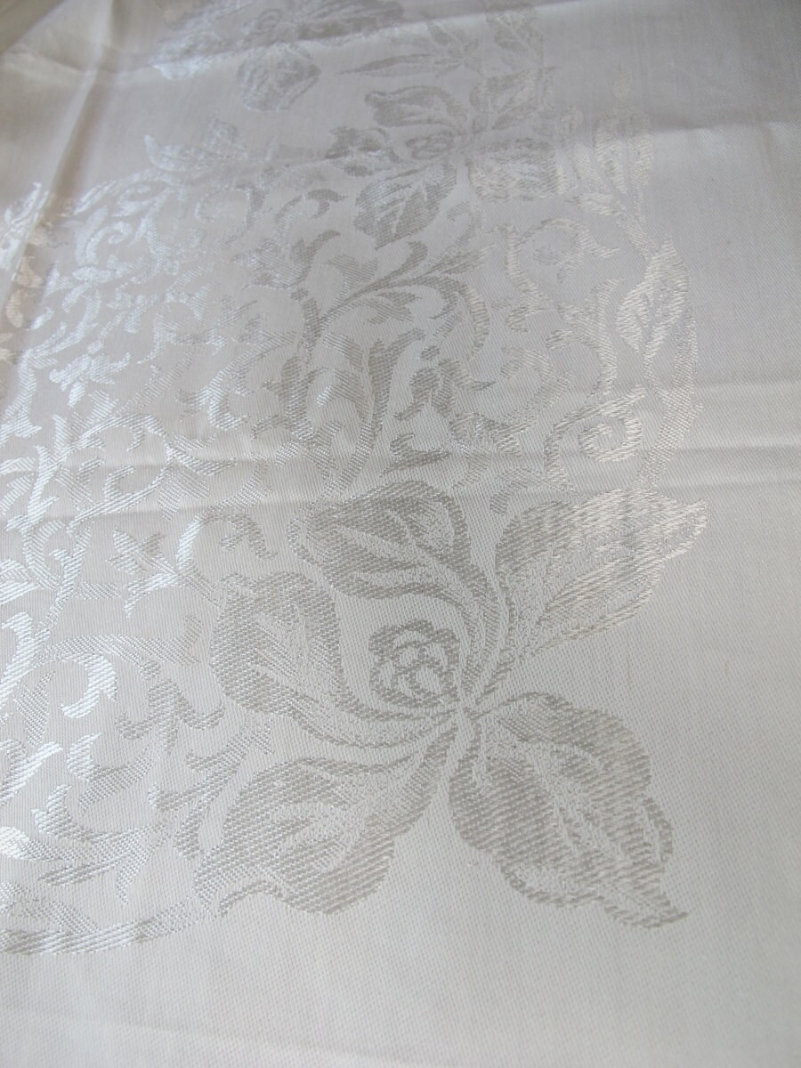 Vintage 50s Luncheon Tablecloth, Natural White Cotton Rayon, Damask Orchids, Card Table Size