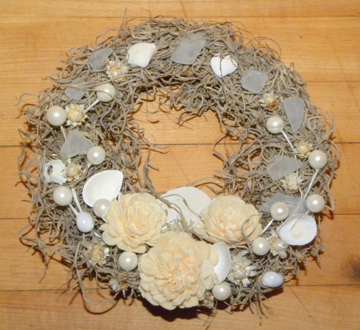 wreath  seaglass and shells beach home decor