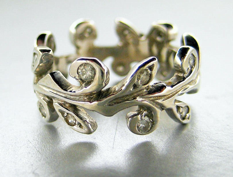 Engagement ring with vines and diamond.  Vine wedding band.  Anniversary ring.  14 Karat white gold vine ring with diamonds