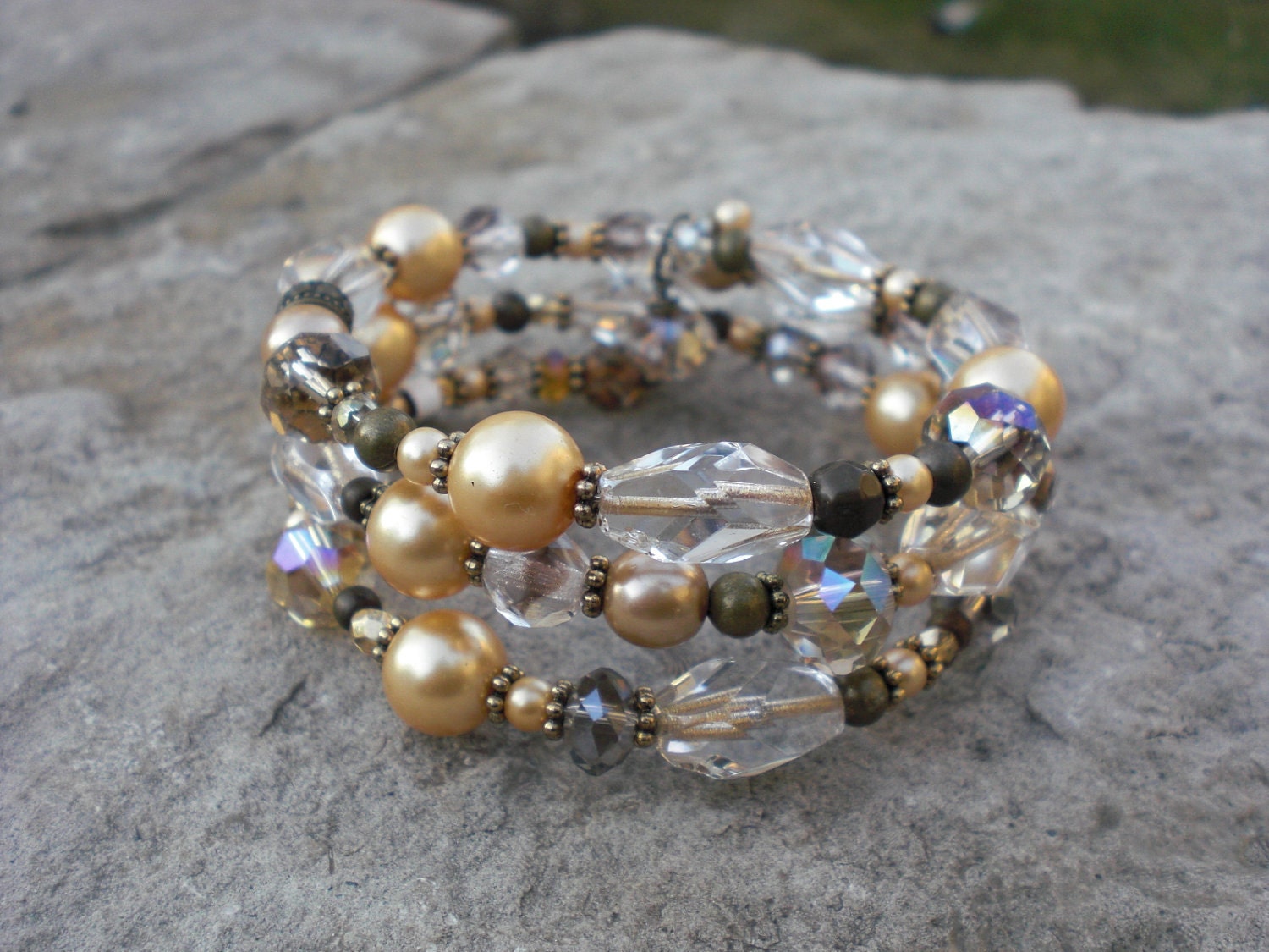 Coiled Gold and Crystal Memory Wire Bracelet