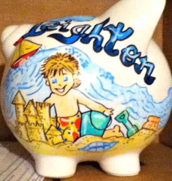 Personalized Piggy Bank Beach Boy Surfing Beach Theme Hand Painted Kids Bank