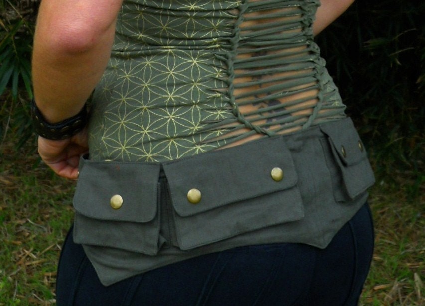 Cotton Canvas Pixie Pockets - Vegan - Travel Belt - Large - Green - utility belt - travel pouch