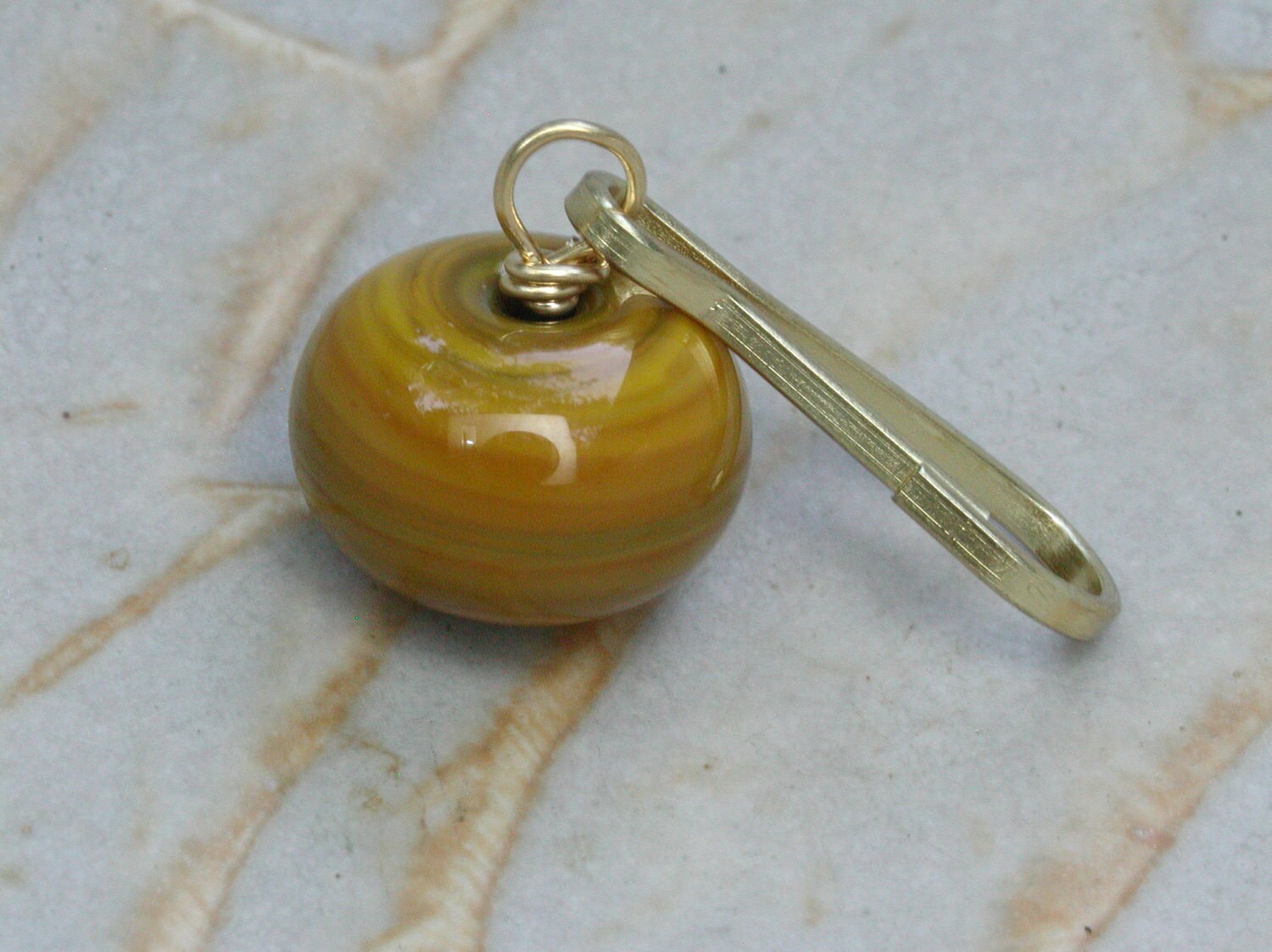 Zipper Dangle / Sun Kissed Yellow Round Art Glass on Brass Mustard Purse Charm Maize