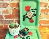 Vintage Rose Flower with Mint Green Metal Folk Trays- Set of 2