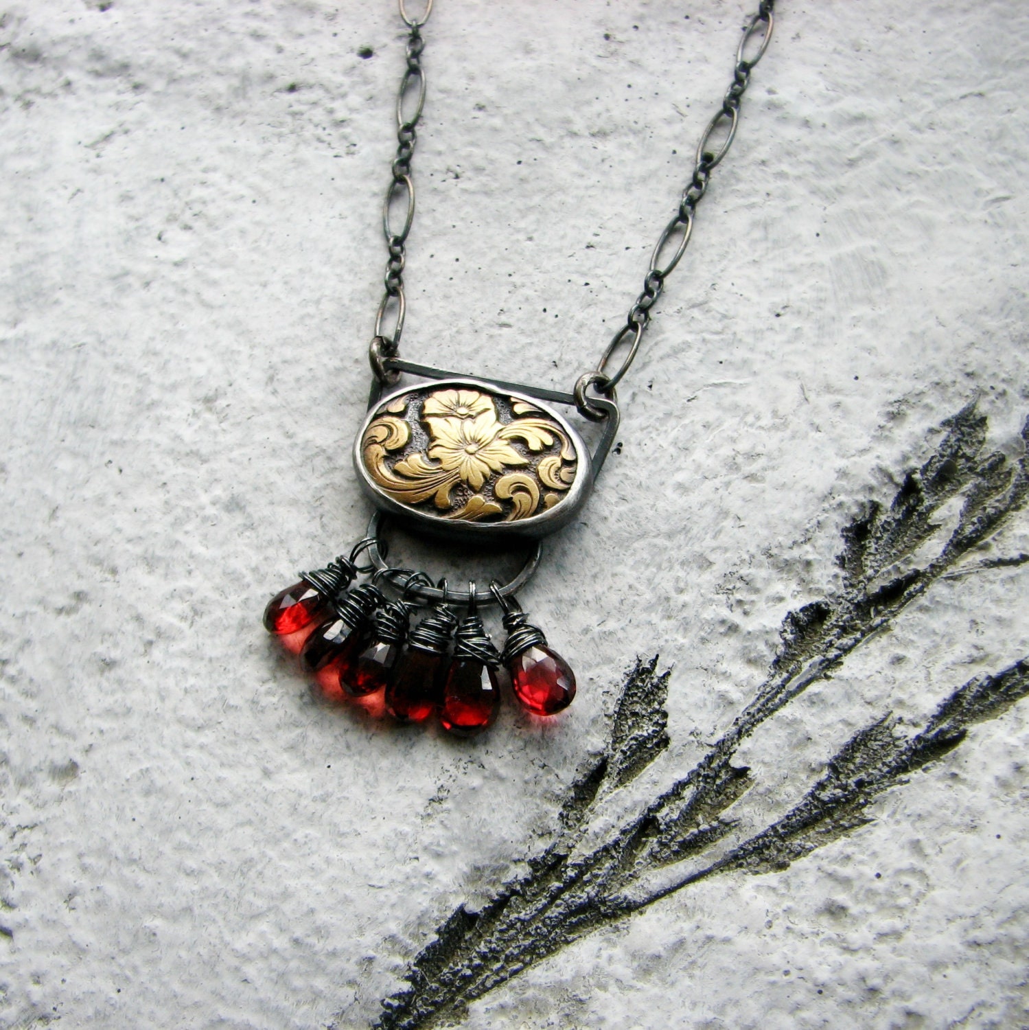 sterling silver necklace gemstone metalwork wire wrapped garnet and vintage brass mixed metal bohemian romantic - Femme Fatale