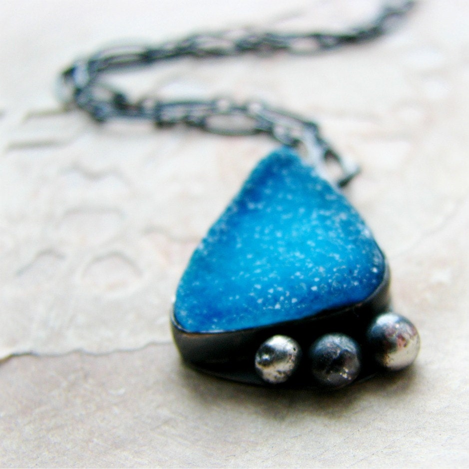 Druzy sterling silver necklace bezel set sky blue gemstone necklace rustic and vibrant - Intuition
