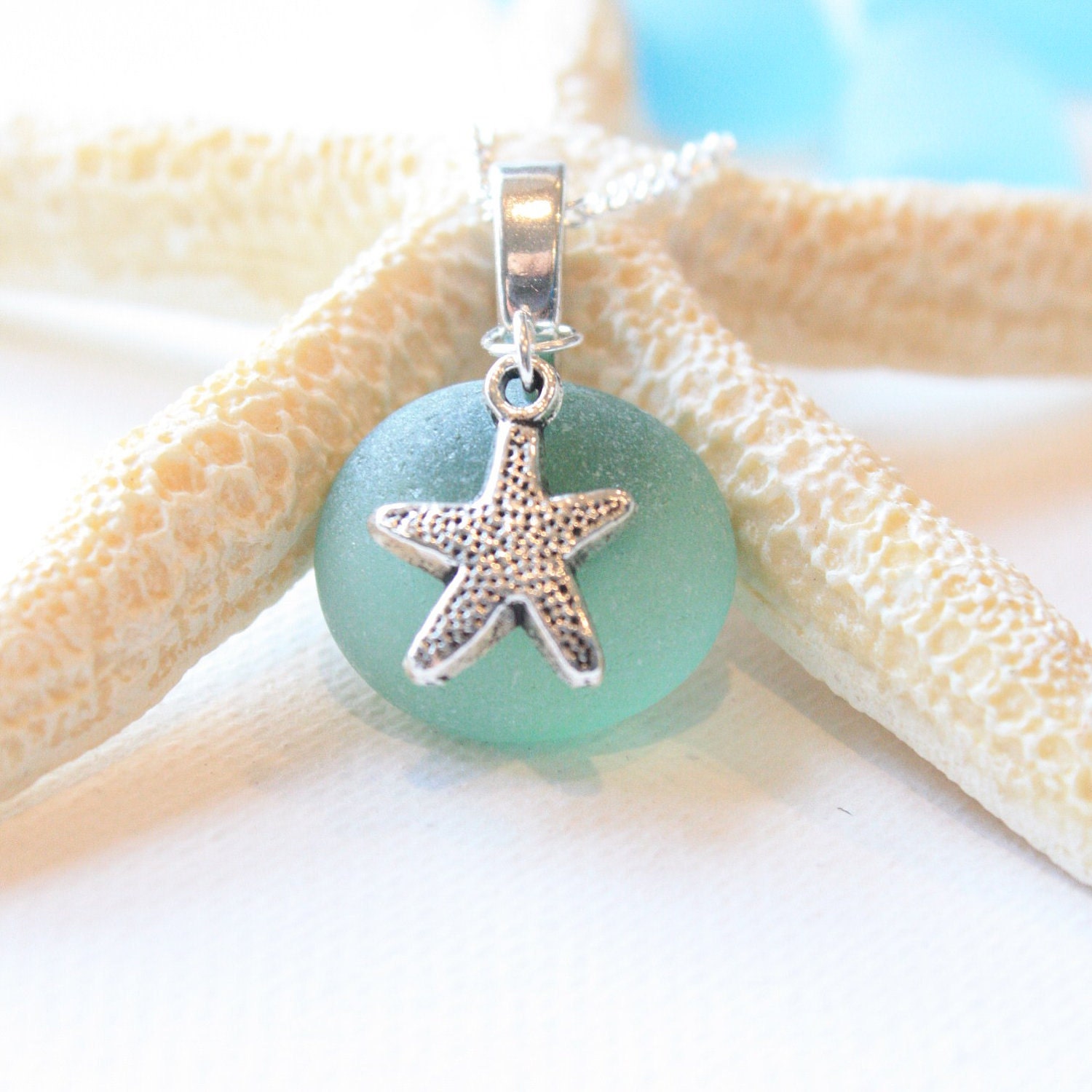 Bridesmaids jewelry idea Go Green Sea Glass Light Green Sea glass with Tibetian silver starfish on a .925 Sterling Silver plated Nacklace - TheStudioOfGlass