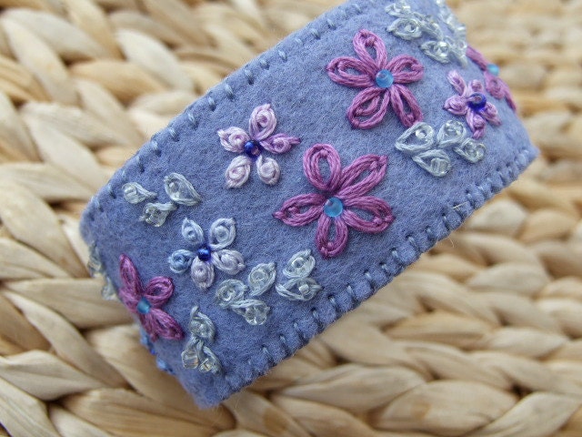 Violet Blue Felt Hand Embroidered Cuff Bracelet