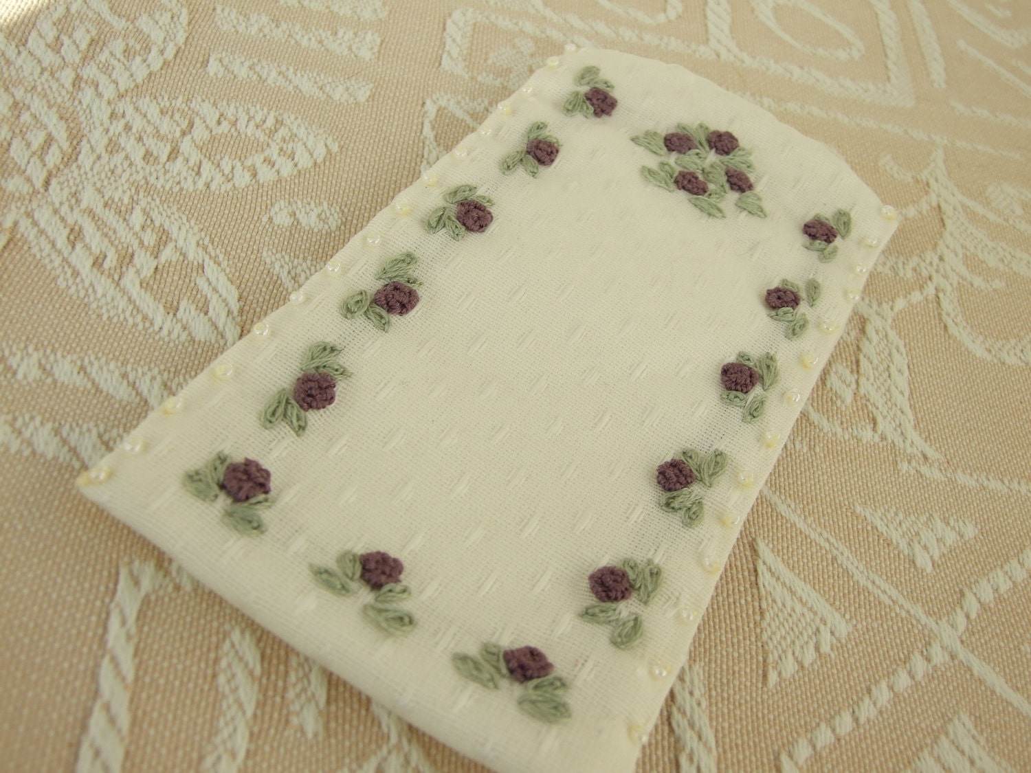 Glasses Case Hand Embroidered with Mauve Flowers