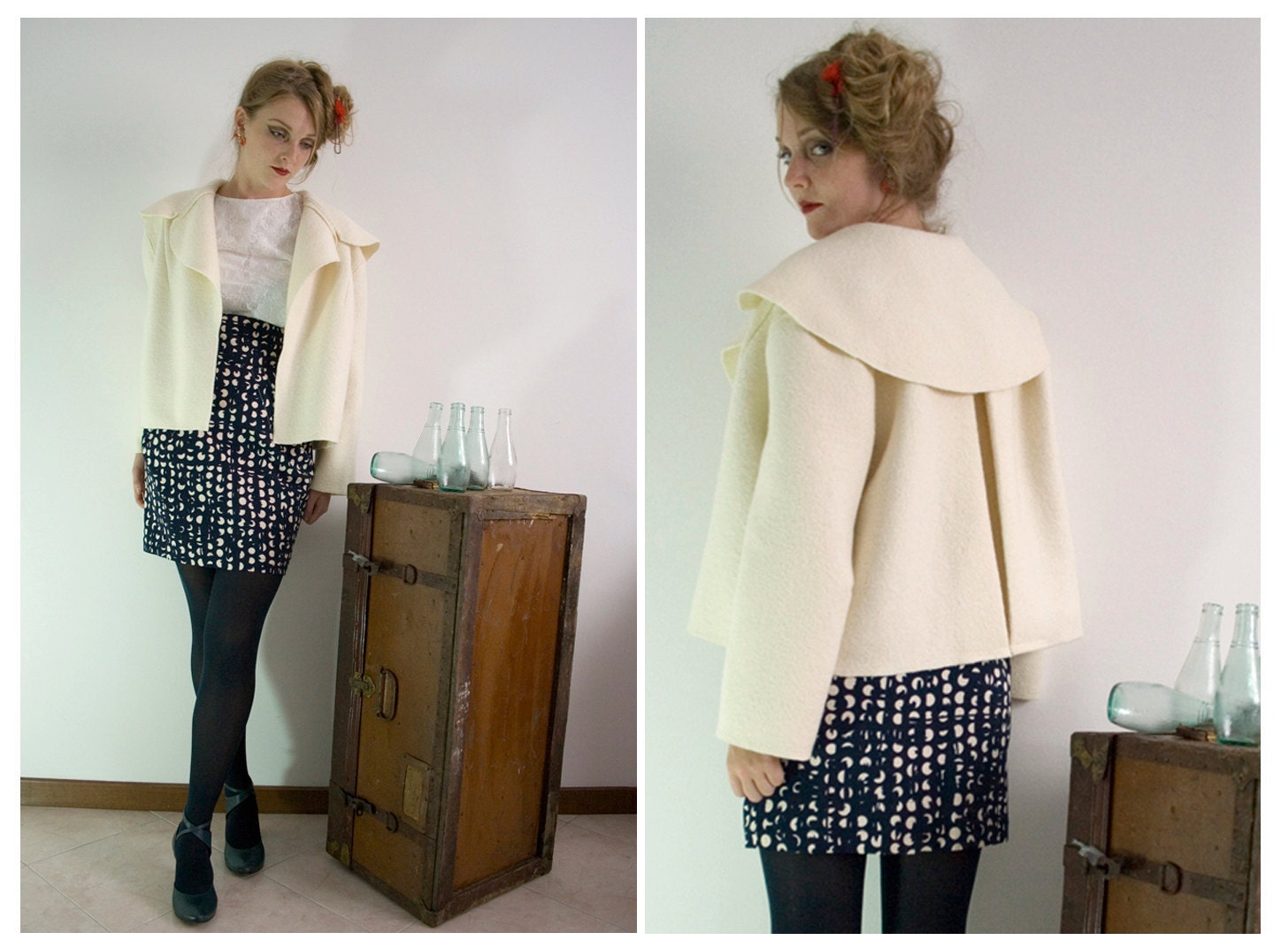 White swing cropped cape jacket in pure italian wool 50s inspired, unlined