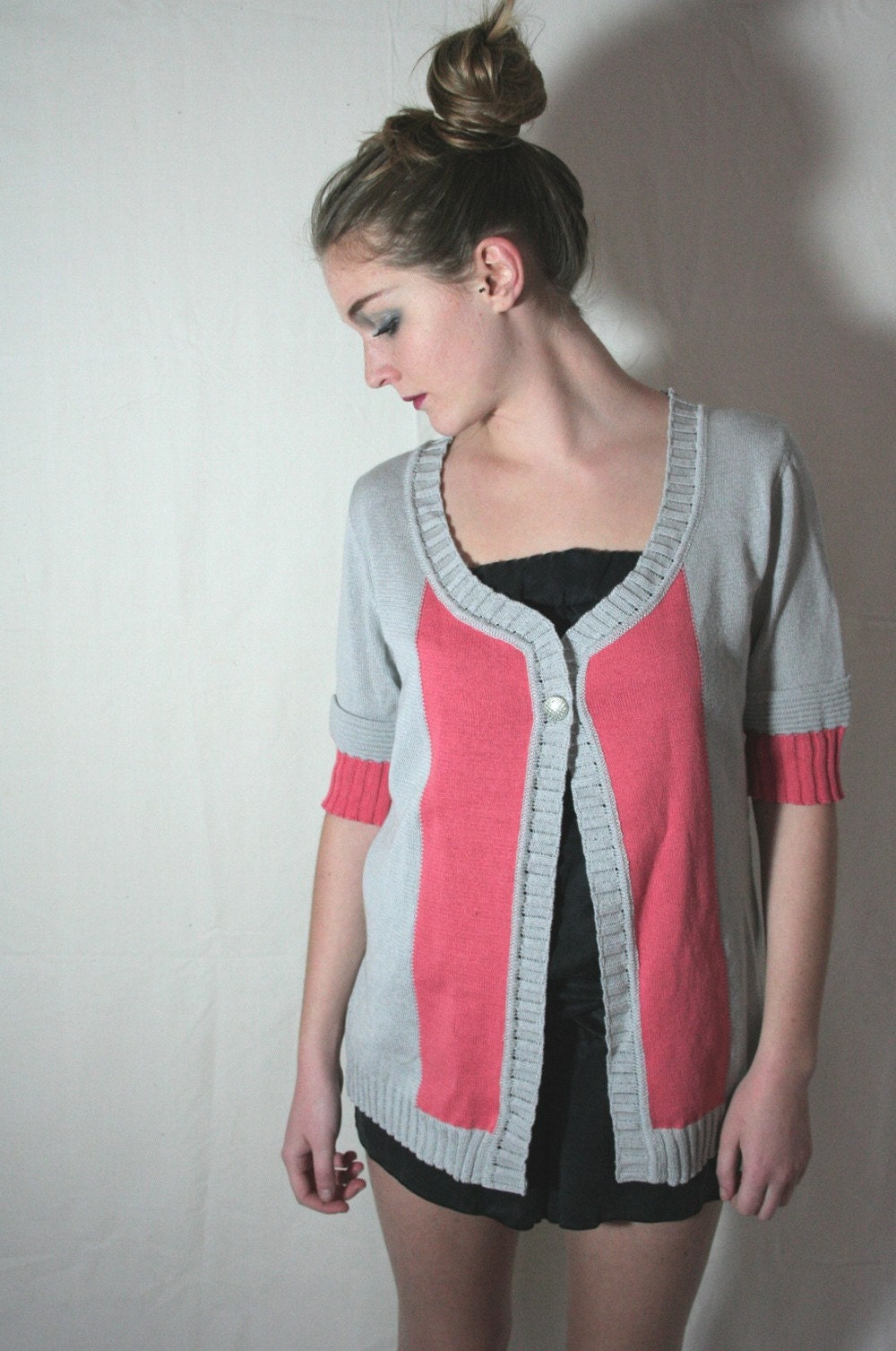 Cranberry Red and Gray Inlay Cotton Cardigan -Size S-M