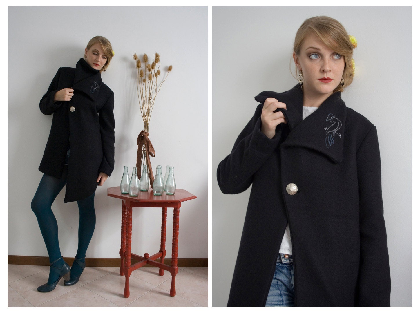 Black asymmetric coat in Italian heavy-weight wool, brooch print in blue, fully lined, sizes from xs to xl, made to order
