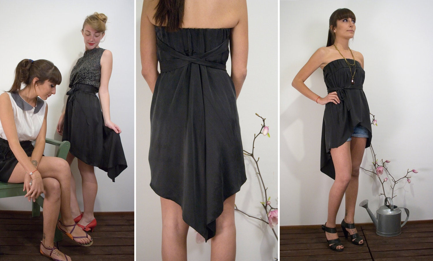 Convertible skirt tunic in washed silk with wrap belt, Fishtail, Asymmetrical- size from xs to L, made to order - Available in 2 colours -