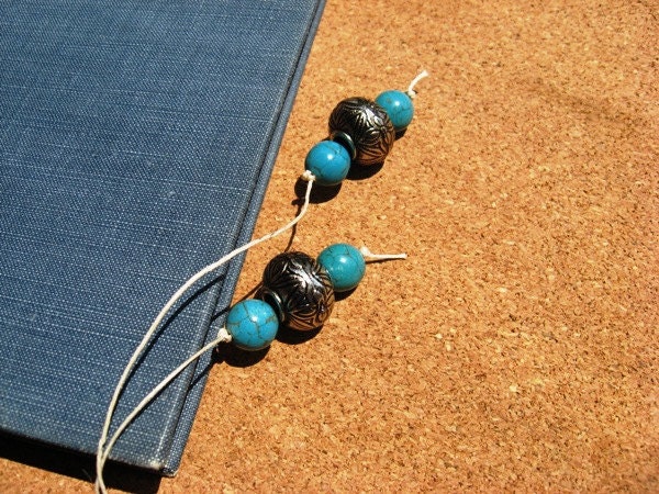 Bookmark Magnesite Gemstones and Antique Silver Finish Beads Hemp Cord