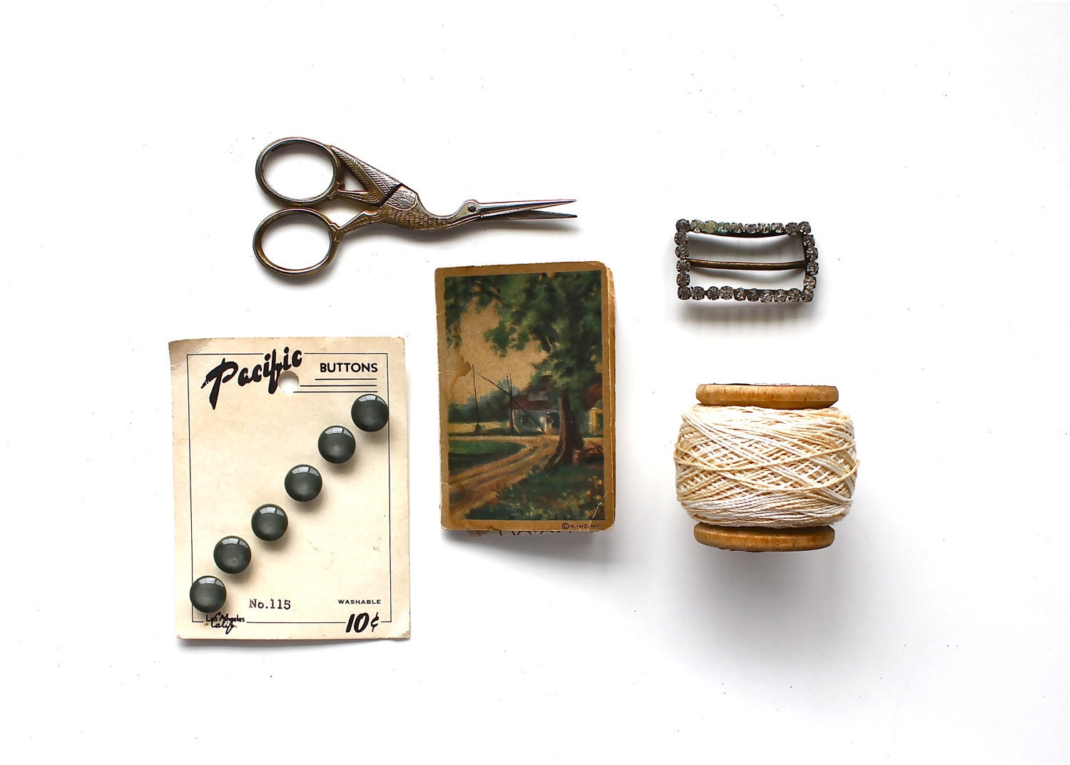 Sewing Sweetly - Vintage German Stork Scissors, Antique Buttons, Needle Book, Rhinestone Buckle, Etc.