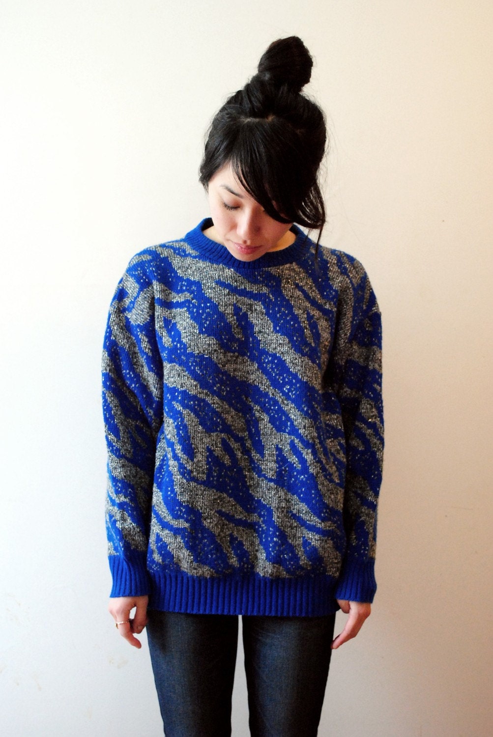 80s New Wave Abstract Flowing Blue Water Sparkly Grey Heather Sweater
