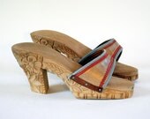 70s Tropical Tribe Hand Carved Solid Wood & Gold Leather Clog Sandals W Baby Blue N Orange Zigzag Piping 5