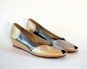 Shiny Metallic Silver Pewter Gold Leather Jute/Hemp Peep Toe Espadrilles Huaraches Wedges 7. Made In Spain.