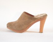 High Heel Platform Clogs 7. Tan Suede Leather Stacked Wood Slip On Mules Made In Greece.