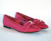 80s NOS Valley Girl Hot Pink Ribbed Ribbon Dress Flats W Bows & Leather Soles.