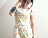Cocos New Wave Peach Orange Yellow Floral Zip Up Body Con Mini Dress W Gauze Ribbon Drape Neckline & Bows