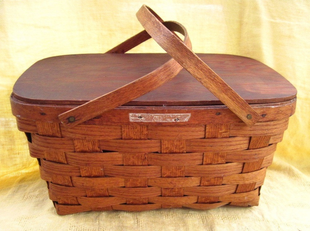 Vintage Woven Wood PICNIC BASKET by ChocolateForTheSoul on Etsy
