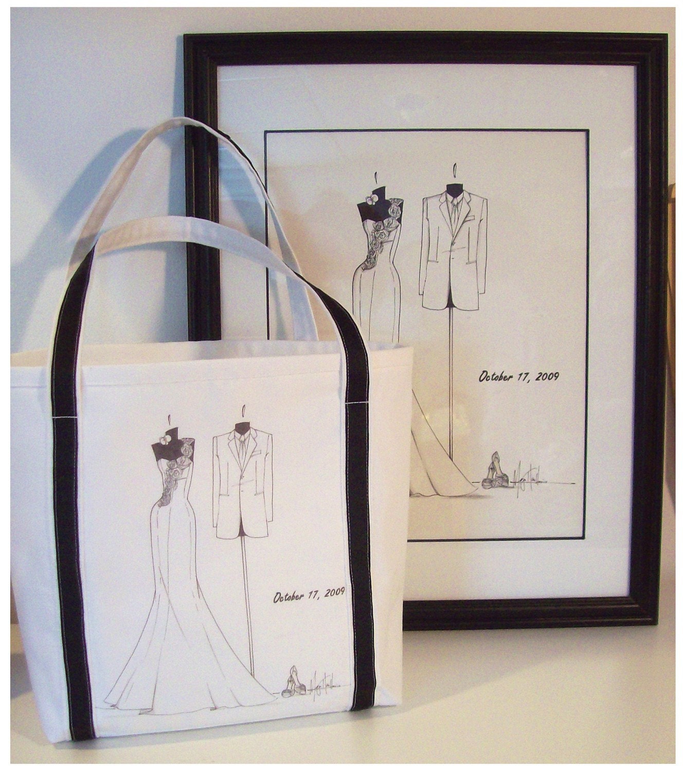 Custom Wedding Gown/Tuxedo Sketch with SMALL "Honeymoon" Tote
