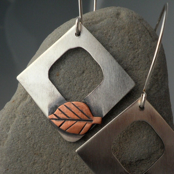Mixed Metal Leaf Earrings- Sterling Silver and Copper