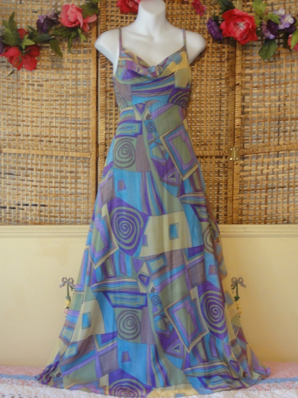 Vintage 80's Tadashi Maxi Dress-Ultra Sexy Plunging Back-Sparkly-Summer Party-Sz Extra Small